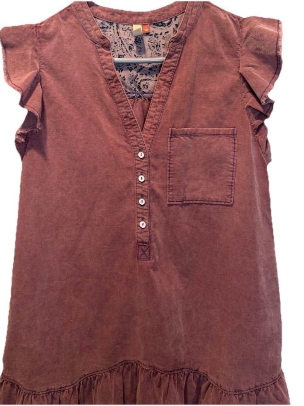 Pilcro Anthropolgie Maroon Flounced Short Sleeve Tunic Mini Dress S Boho‎ - Picture 2 of 8